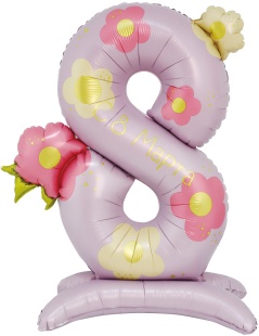Шар (40''/102 см) Цифра на подставке, 8 Марта, Нежные цветы, 1 шт. в уп.